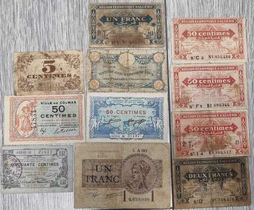 Lot 11 bonuri/bancnote Franta, Algeria,Belgia (1916-1944) 5c/50c/1F/2F
