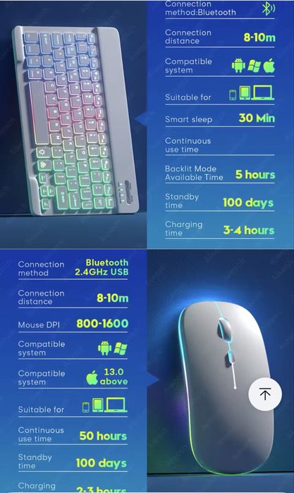 Tastatura si mouse Bluetooth LED RGB slim Usb C