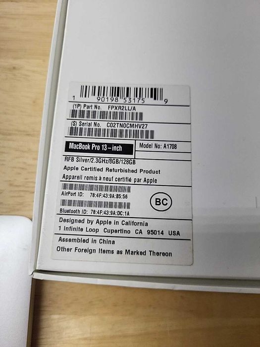 MacBook Pro 13 (2017) A1708 - 8GB ОЗУ ; 128 GB SSD