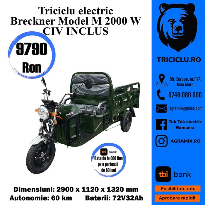 Tricicleta electrica NOUA MODEL M CIV inclus 2000W Agramix