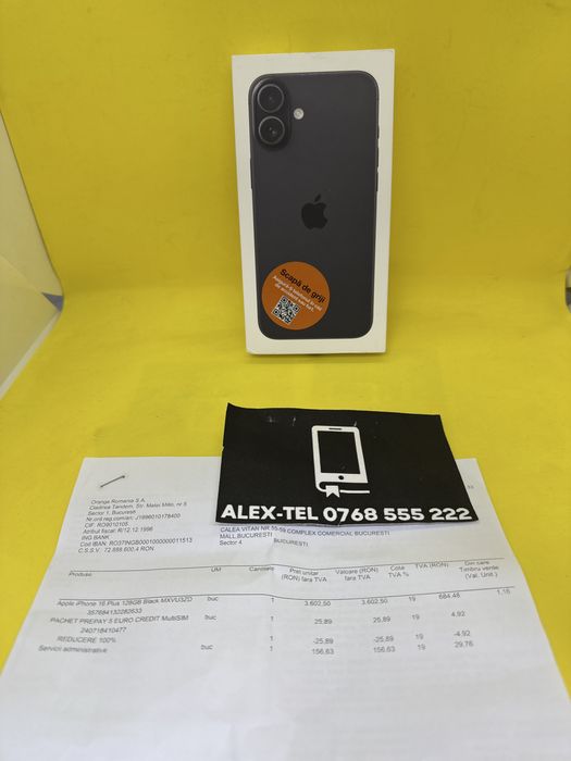 Alex-TEL® Apple iPhone 16 Plus 128GB 5G Black Sigilat Nou