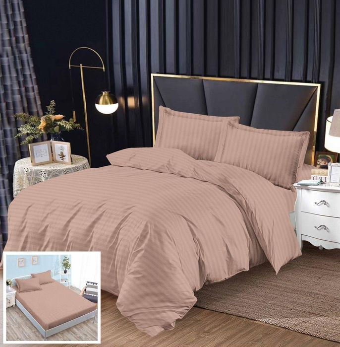 Lenjerie Damasc Senegal Dx010, Damasc, 4 Piese, Cu Elastic, Bej, Roz