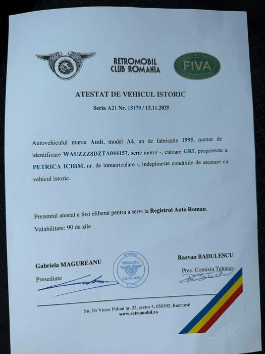 Audi A4, 1995 Atestat vehicol de Epoca, 2,6 benzina, V6