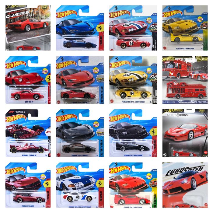 Hot Wheels Ferrari 12Cilindri; Scuderia HP; Dino; SF90; F40; 365 GTB4 Competizione; F50; 499P; Testarossa; LaFerrari; 250 GTO & Fiat Transporter
