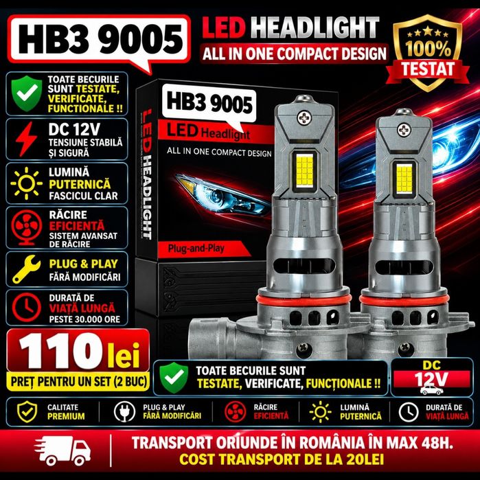 Becuri LED HB3 9005  Canbus  12V  30000LM set 2buc