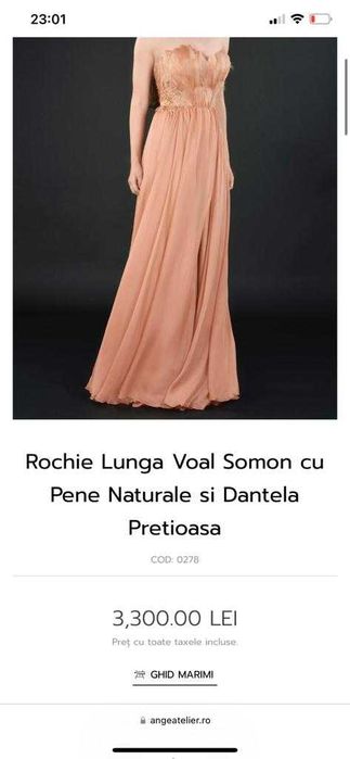 Rochie somon din matase naturala cu pene