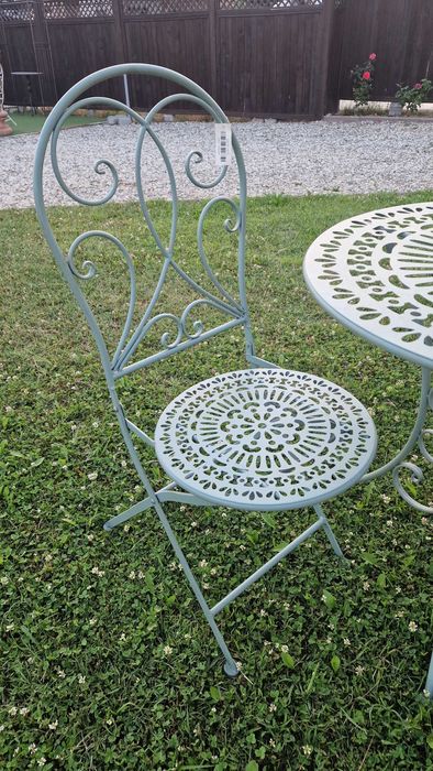 set masa si scaune de gradina, 2 scaune si o masa, fier forjat, verde