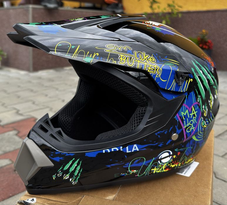 Set Cască Moto Cross/ATV M + Ochelari + Mănuși + Cagulă, Nou, Negru-Albastru Lucios