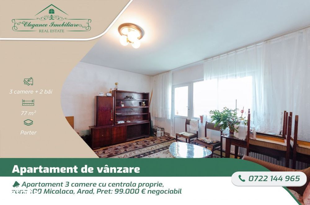 Apartament 3 camere cu centrala proprie, zona 100 Micalaca, Arad