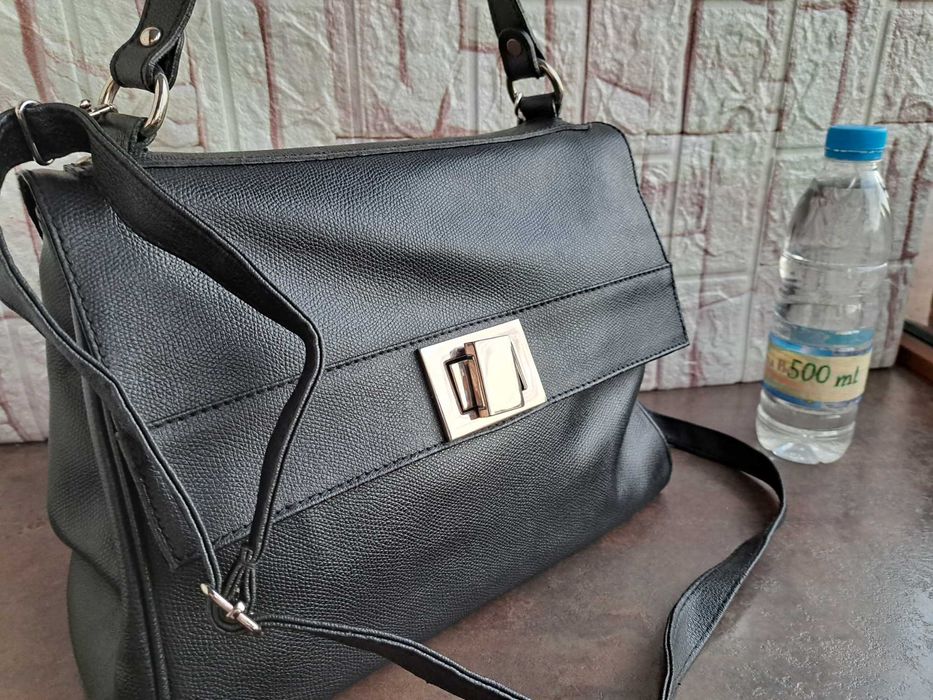 дамска чанта,черна кожена торба-естествена кожа