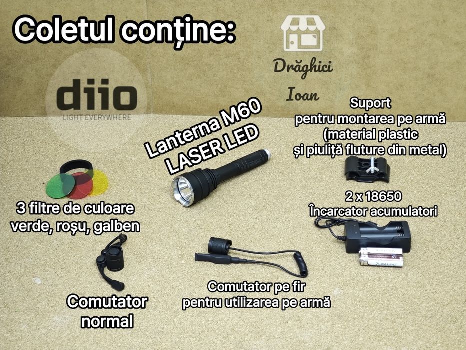 Lanterna M60 led LASER -Kit vanatoare lanterna pt arma < 600m+3 filtre