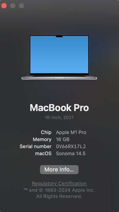 Macbook Pro 16" M1 Pro 16gb 512SSD (10 CPU, 16 GPU) 281 cycle 87%