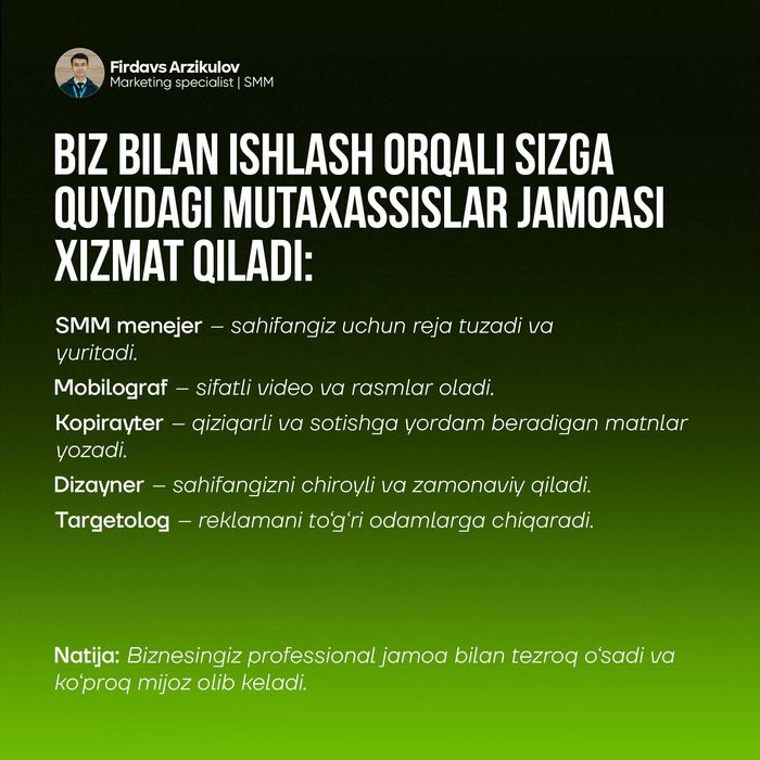 SMM Xizmatlari | 5 mutaxassis | SHAXSIY BREND