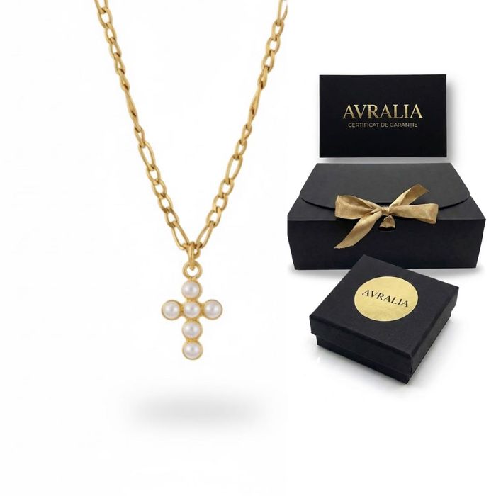 Lantisor Premium Placat Aur 18K - Cruce Perle, Set Cadou Inclus