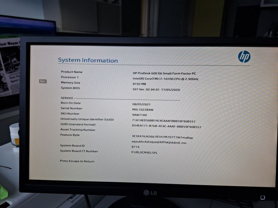 HP ProDesk 600 G6 SFF,Intel Core i7-10700, 2.90 GHz,NO RAM NO HARD