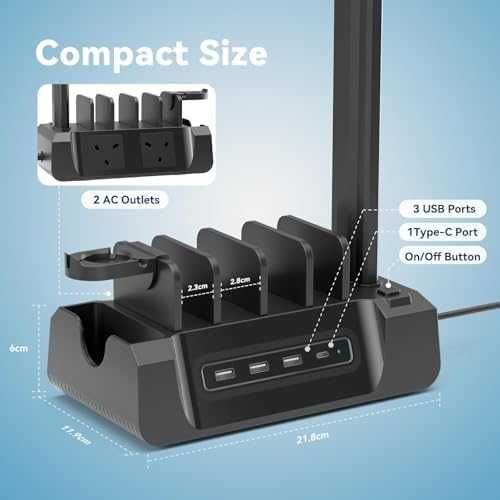 Нова 6 в 1 зарядна станция с AC USB USB-C за телефон таблет слушалки и часовник