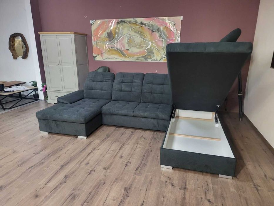 Тъмно сив П - образен ъглов диван Nixon с функция сън