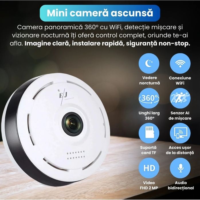 Mini camera ascunsa WiFi 360° Lentila Fisheye, Spion, Detectie Miscare