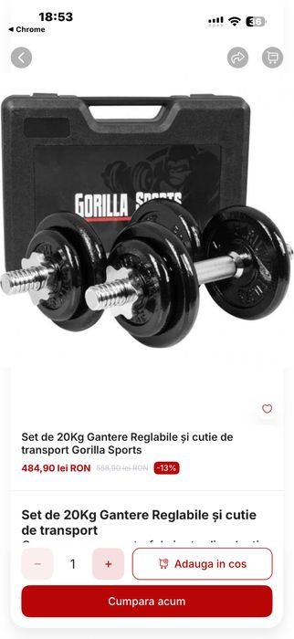 Gantere reglabile noi set 20 kg. 10 kg+10 kg=20 kg+Geanta pret 300 lei