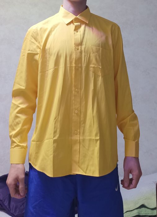 Мужская рубашка цвет яркий горчичный жёлтый  длинный  размер XXL 3XL