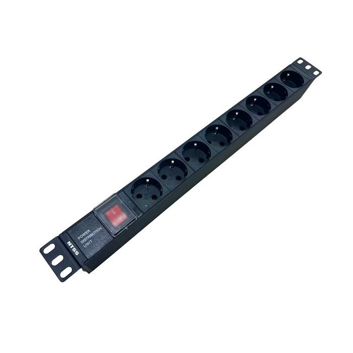 Блок розеток, 19", 1U, пластик 1ф10A 2.3кВт (8) выкл. вх 60320 С14