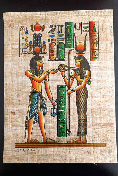 Papirus egiptean autentic — Hathor și Isis, Zeițele Divine - papirus înrămat