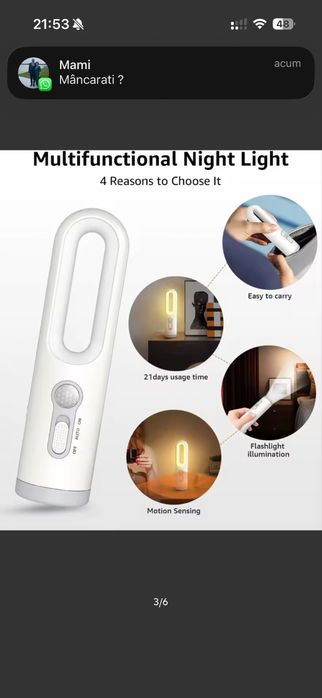 Lampa led noptiera cu senzor miscare