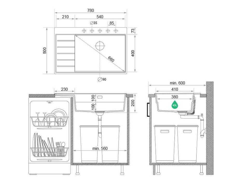 Графит гранитна кухненска мивка Сидни 780-60 Ergo Multilevel 780х500