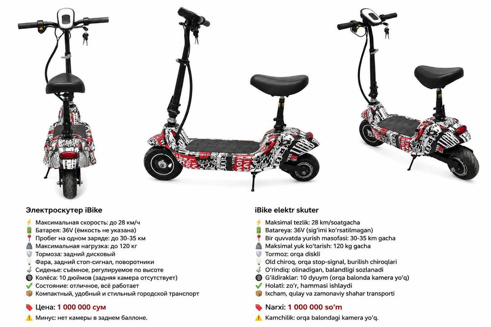 Электроскутер iBike 28 км/ч с сиденьем