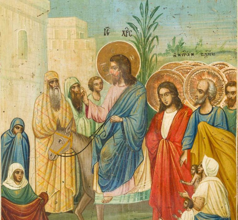 Icoană pe lemn „Intrarea în Ierusalim”, școală rusească, cca. 1900