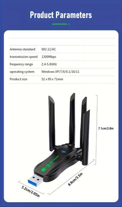 Мощен Bluetooth+WiFi USB Adapter, 2-in-1, 4.2+Dual-Band 1300Mbps