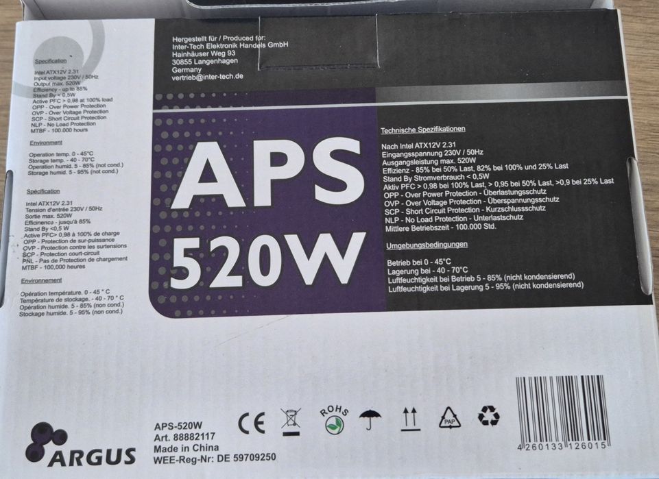 Sursa Inter-Tech Argus APS-520W, 520W, PFC Activ, noua, desigilata