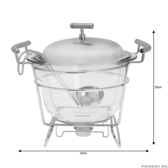 Vas termorezistent, capac inox, cu incalzitor pentru mancare, chafing