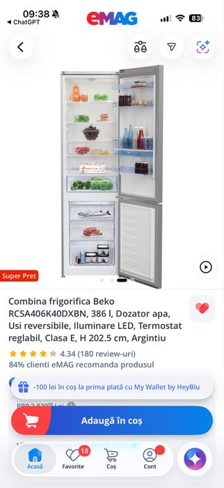 Combina frigorifica Beko RCSA406K40DXBN, 386 l, Dozator apa, Usi reversibile, Iluminare LED, Termostat reglabil, Clasa E, H 202.5 cm, Argintiu