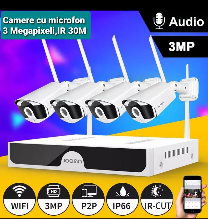 Sistem Supraveghere Wireless 2-8 camere 3 MPX,Transmisie 500 metri,Nou