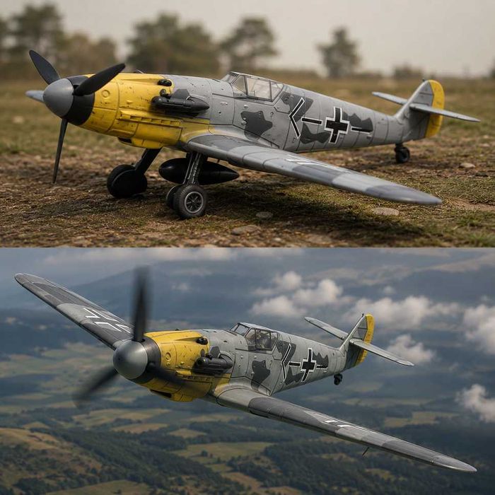 Macheta avion BF-109 scara 1:48 22cm gri /verde/blue camuflaj