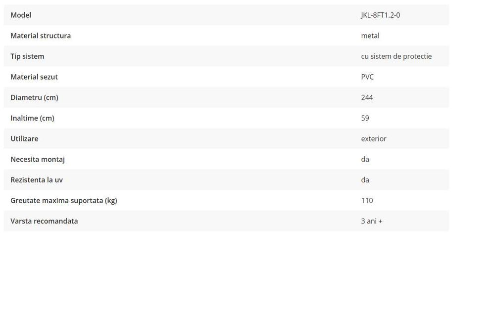 Trambulina copii JKL-8FT1.2-0, structura metal, cu sistem de protectie