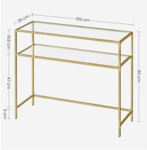 Masă/birou raft inferior cu blat din sticlă securizată, auriu 100x35x80cm