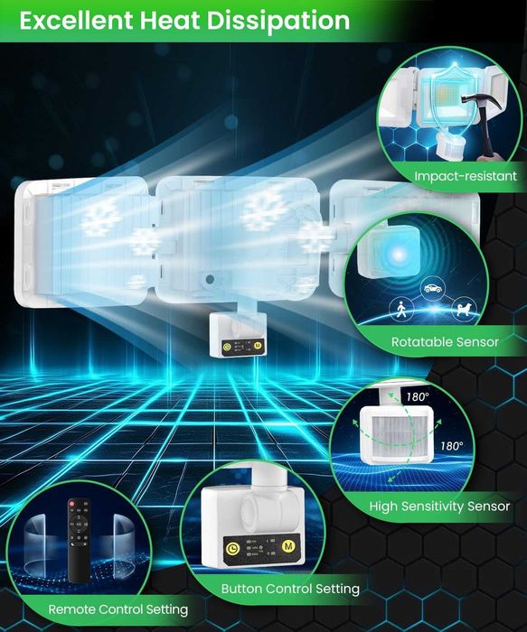 Мощен LED прожектор MEIHUA 100W, 9600LM, 3 глави, сензор и дистанционно