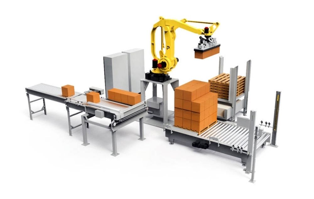 „Палетизиращ индустриален робот – автоматично подреждане на чували/кут