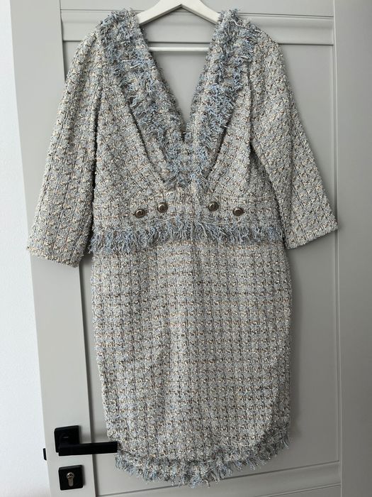 Rochie din stofa tip Chanel în carouri bleu-ciel