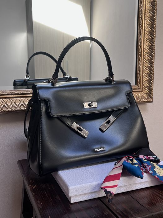 Picard, premium, 100% piele, geantă medie (umăr și mână), neagră