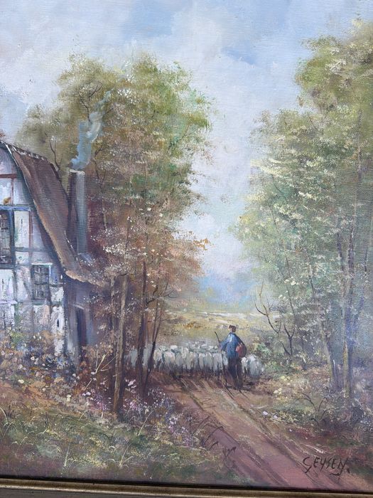 Tablou,pictura in ulei pe panza,cioban cu oi,semnat