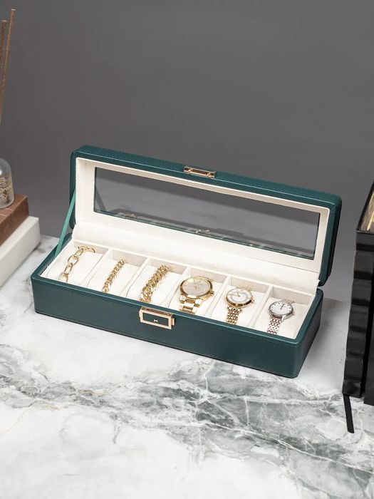 Шкатулка для часов и украшение 6 слотов, зеленая