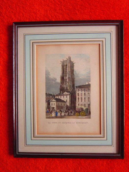 cadou rar Vechiul Paris Luvru si Turnul St.Jacques gravura Franta 1950