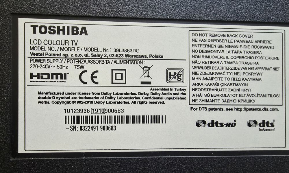 Toshiba 39l3863dg За Части или ремонт