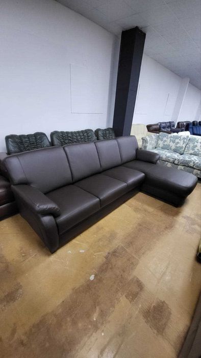 ПРОМОЦИЯ!!! Кафяв кожен ъглов диван с лежанка "TOULOUSE"