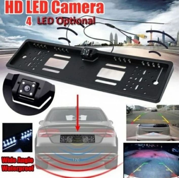 Рамка с камера за регистрационен номер с 4 LED светлини,задно виждане