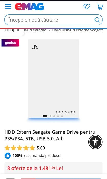 HDD Extern Seagate Game Drive pentru PS5/PS4, 5TB, USB 3.0, Alb, NOU