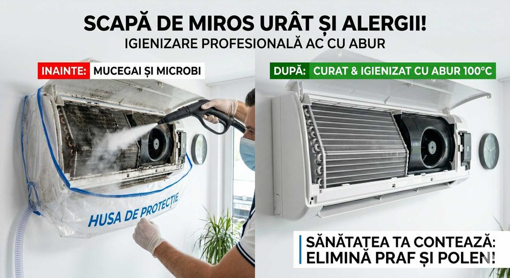 Igienizare Aer Conditionat - Curatare AC cu ABUR - Scapa de Miros Urat - Dezinfectare: elimini praful si polenul care provoaca alergii si probleme